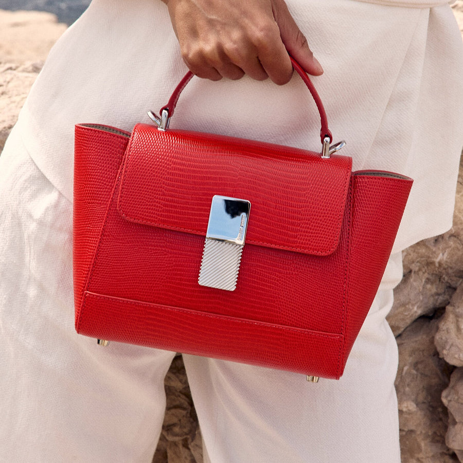 Mini Marly Silver Edition - Cuir Embossé Lézard Rouge Ateliers Auguste